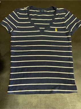 Ralph Lauren Navy & White Striped V‑Neck Tee with Yellow Pony